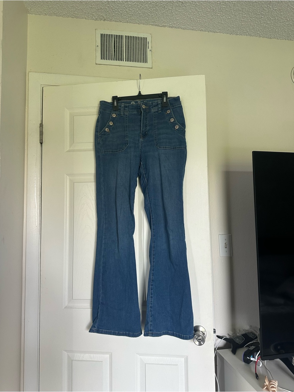 Rewash Medium Blue High-Rise Flare Jeans with Button Pocket Detail